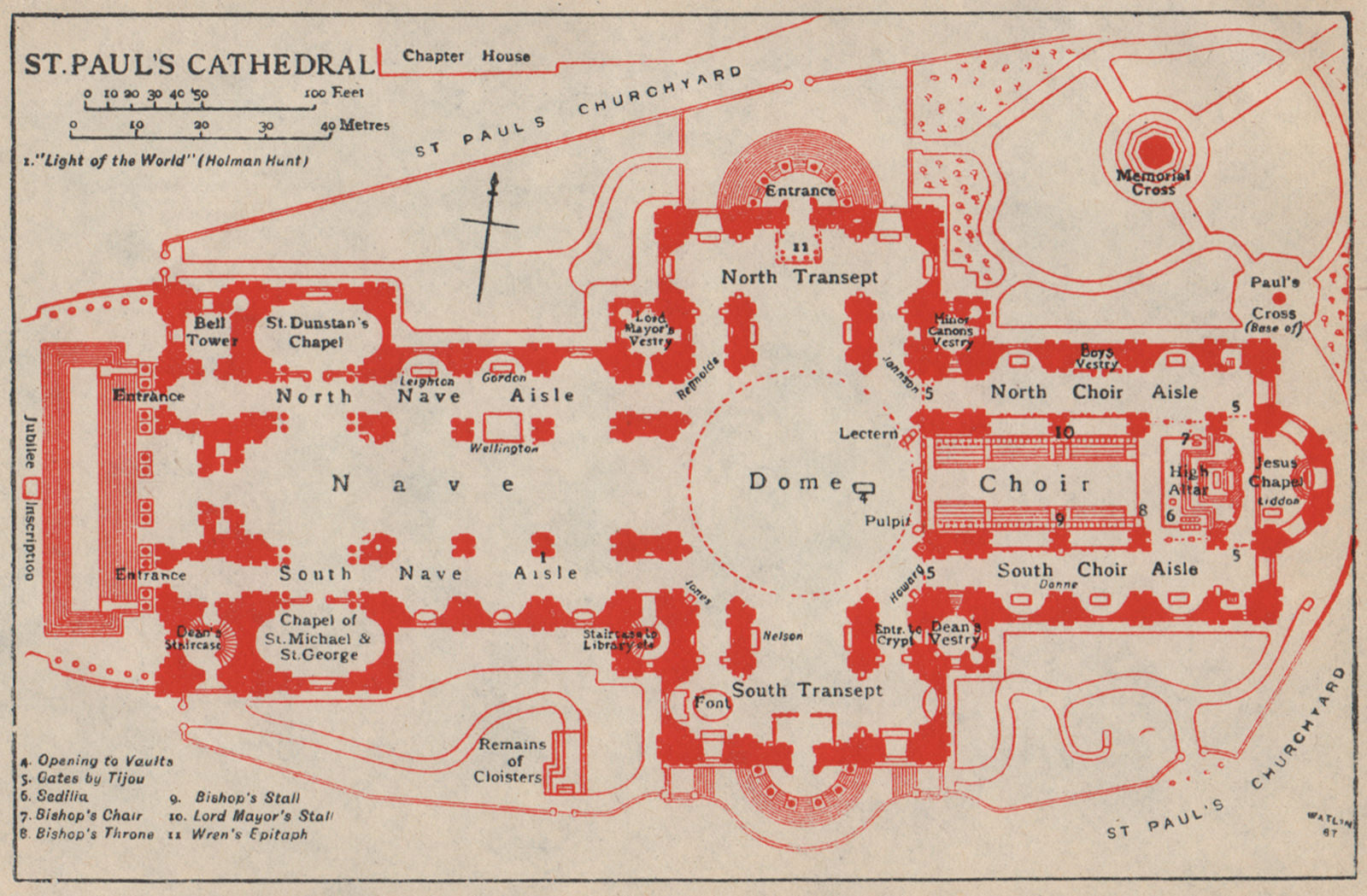 ST PAUL'S CATHEDRAL ground plan. London 1951 old vintage map chart